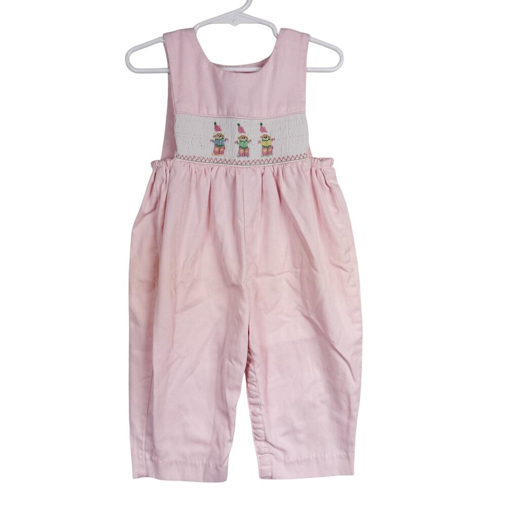 Vtg House of Hatten Girls Smocked Overalls Pink Clowns - 12-18 Months